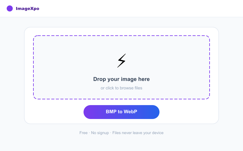 Convertitore BMP in WebP Online -- Massima Efficienza Web interface — ImageXpo