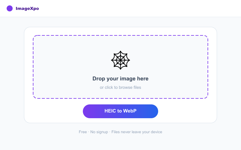 HEIC to WebP Converter Free Online — 100% Free Online interface — ImageXpo