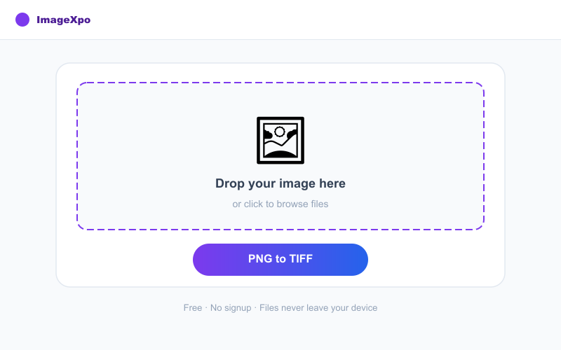 Convert PNG to TIFF Online Free — Professional Use interface — ImageXpo